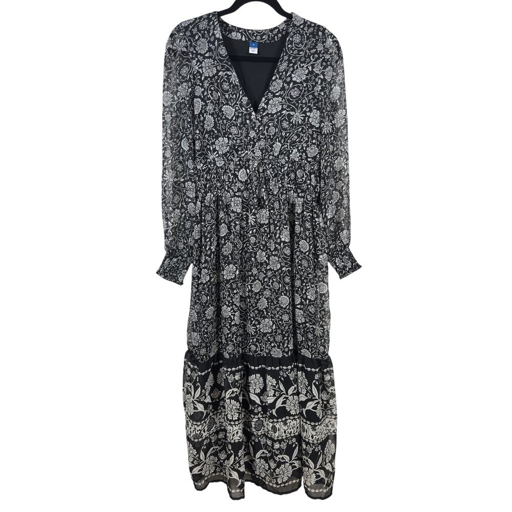 Old Navy Dress Womens Medium Black Floral Long Sleeve Chiffon Maxi Smocked